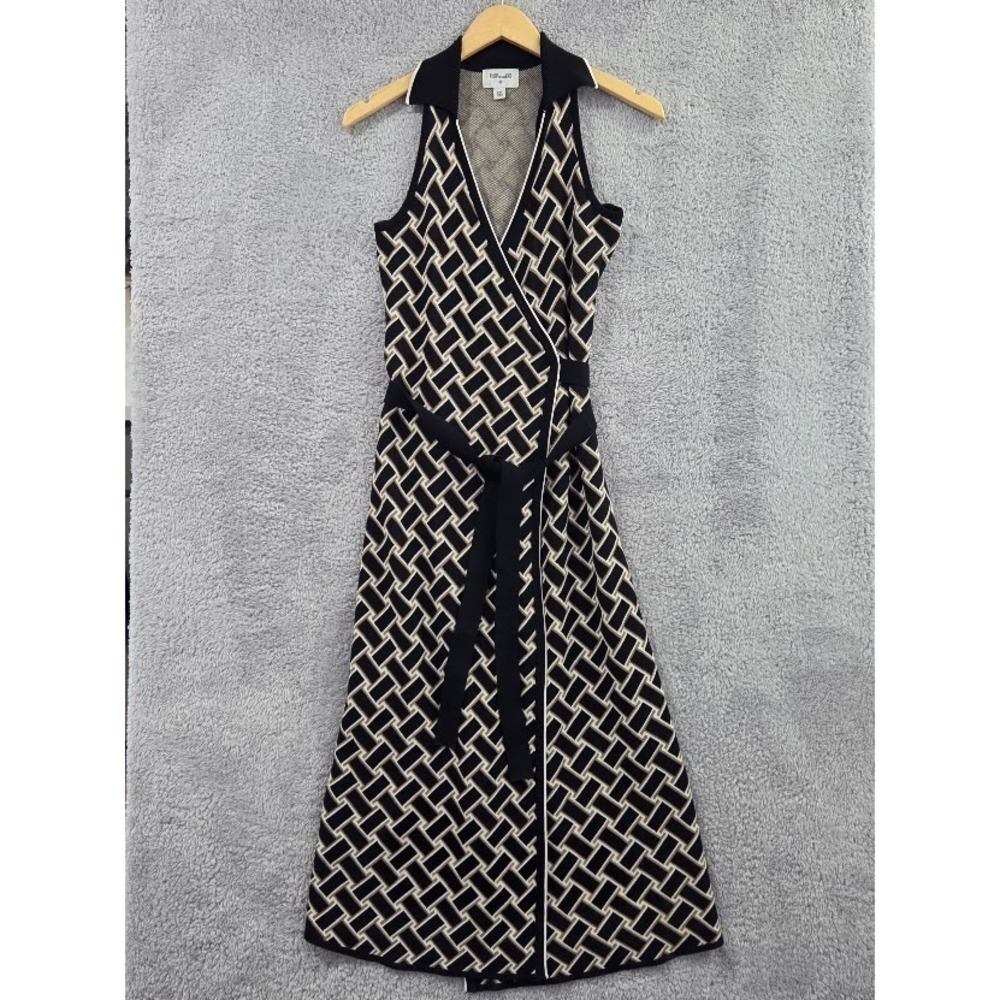 Diane Von Furstenberg Target Wrap Dress XXS Black Beige Geometric Knit Sleeveles